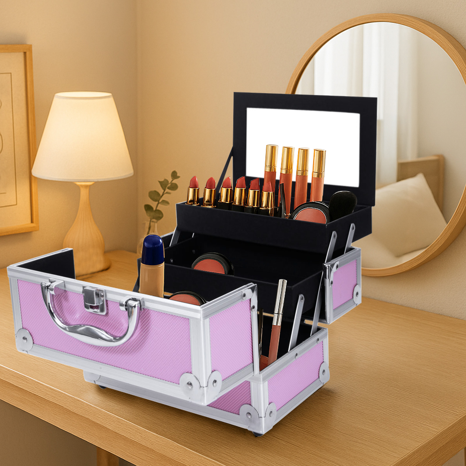 Woman Beauty Makeup - Pink Aluminum Alloy Makeup Case, Double