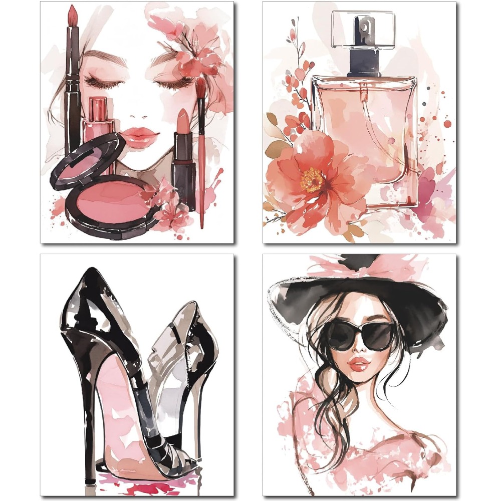 4Pcs Pink Makeup Wall Art Prin - Woman Beauty Makeup avaliação e preço