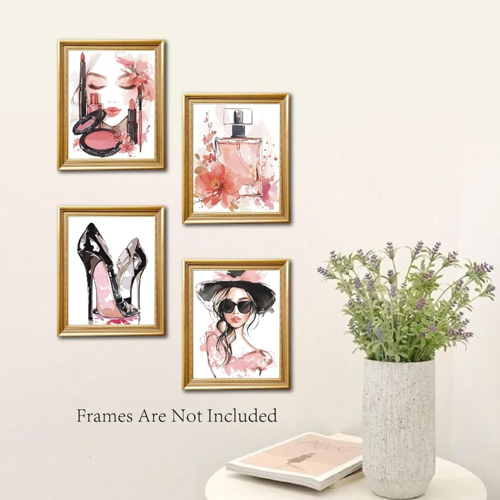 4Pcs Pink Makeup Wall Art Prin - Woman Beauty Makeup avaliação e preço